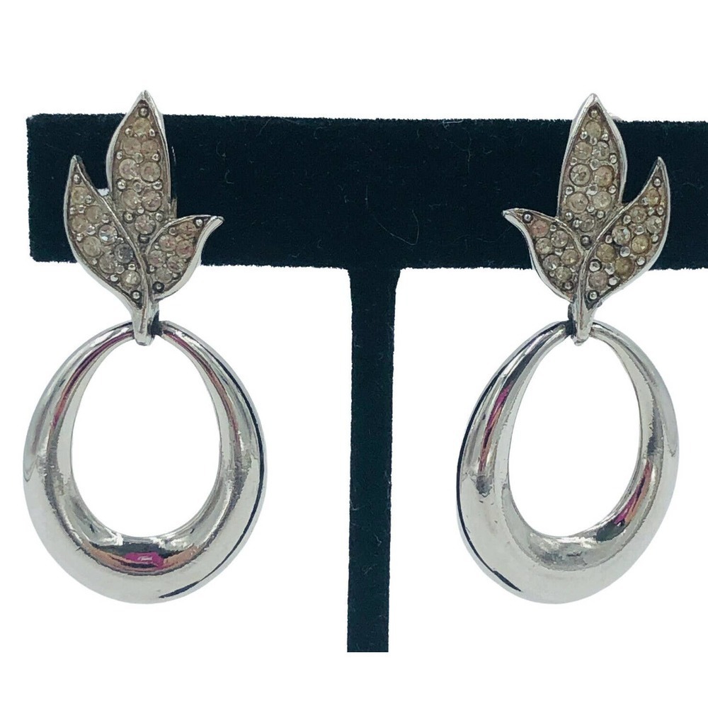 Givenchy Vintage Silver Crystal Rhinestone Clip On Drop Earrings